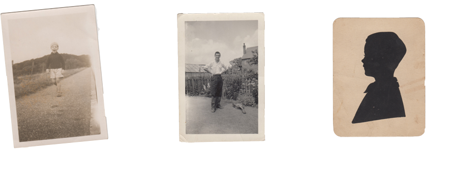 Three early photographs. Little Pete singing his 3 yr old head off at Prestatyn North Wales. Age 12 in the back garden. How all pictures of Pete should look: this silhouette was made on the pier at Llandudno about age 8