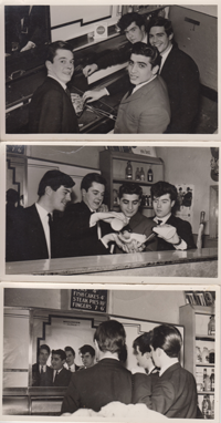 Three photographs of Savva and the Democrats in suits at the counter of a chip shop