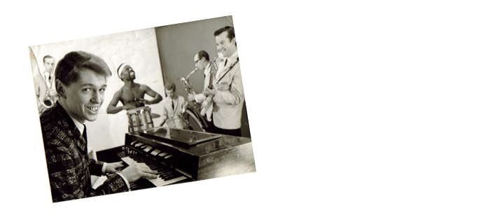 Georgie Fame and the Blue Flames. From left: Mick Eve, tenor sax; Georgie Fame, vocals and organ; Speedy Aquaye, congas; Red Reece, drums; John Marshall, baritone sax; Tex Makins, bass