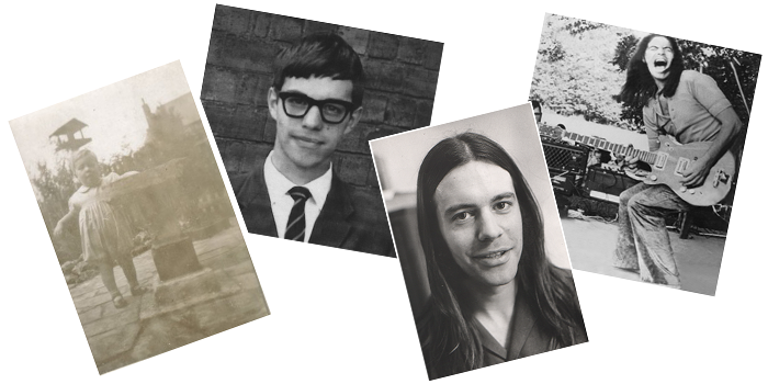 Young Pete Goodall. Four snapshots: as a toddler, as a schoolboy in glasses and tie, with long hair in the seventies, and leaping mid-solo with a Les Paul