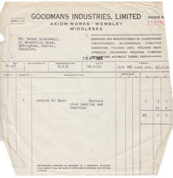 A 1963 invoice from Goodmans Industries, Wembley, to Mr Peter Goodall of Bebington for reconing an Audiom 60 bass speaker