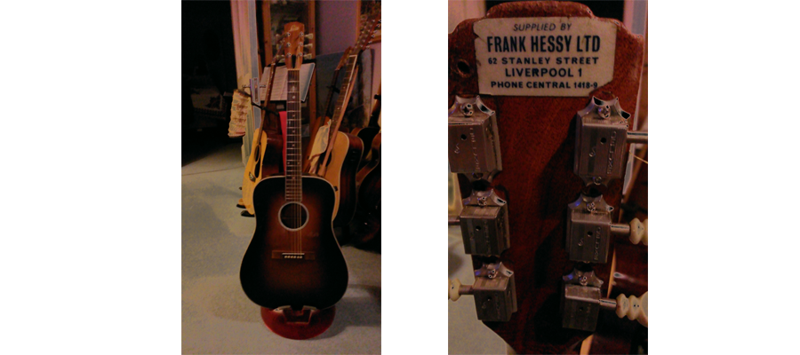 A sunburst Levin acoustic guitar on a stand, and its headstock with a Frank Hessy Ltd, Liverpool, supplier label