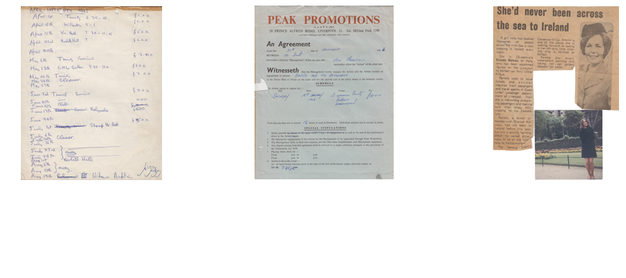 A gig diary in Pete's own fair hand aged 15 to 16, early gigs including the Widnes audition for Peak Promotions; a typical Peak Promotions contract; and a cutting about Pam, who lived next door but one to George, and to whom Pete was engaged until he went to London