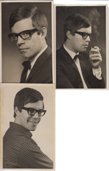 Three portrait photographs of Pete aged sixteen in heavy framed glasses