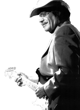 Pete in hat and jacket looking down at his guitar, cut out in black and white