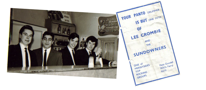 Savva and the Democrats in suits behind a bar, beside a Lee Crombie and the Sundowners handbill giving Pete Goodall's Rock Ferry phone number