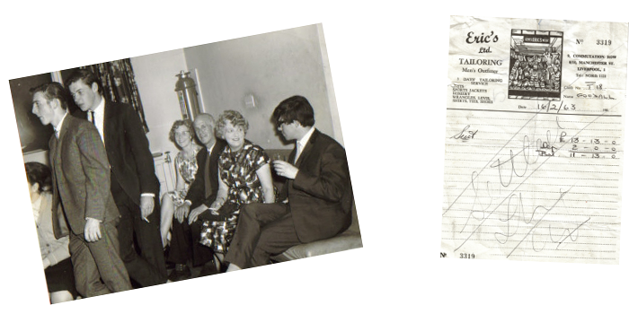 Pete's family seated at a Savva gig, beside a 1963 receipt from Eric's Tailoring of Liverpool made out to Goodall